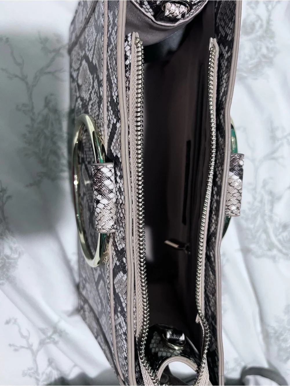 White House Black Market Black & White Snake-Print Ring Handle Clutch